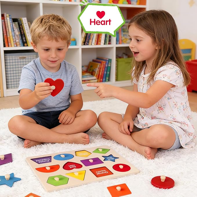 Montessori Wooden Peg Shape Puzzles for Toddlers 1-4, Sturdy Easy-Grip Educational Learning Toys, Perfect Birthday Gifts for Baby Boys Girls