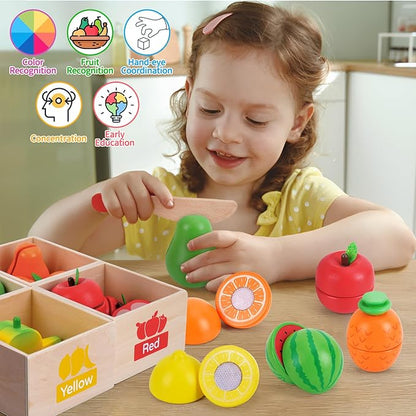 Fruit Sets - Kids Learning Toys for Toddlers 1-3, Play Kitchen Accessories Pretend Play Toys, Play Food Sets for Kids Kitchen, Wooden Fruit Preschool Toys for Girl Boy Christmas Birthday Gifts