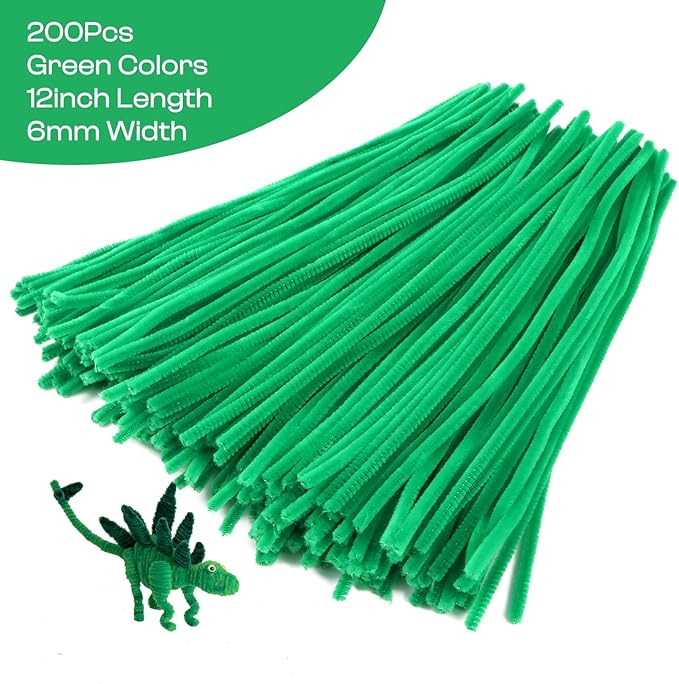 Caydo 200 Pieces Green Pipe Cleaners for Mother's Day Decorations, Craft Chenille Stems for Kids DIY Art Craft Projects (6 mm x 12 inch)