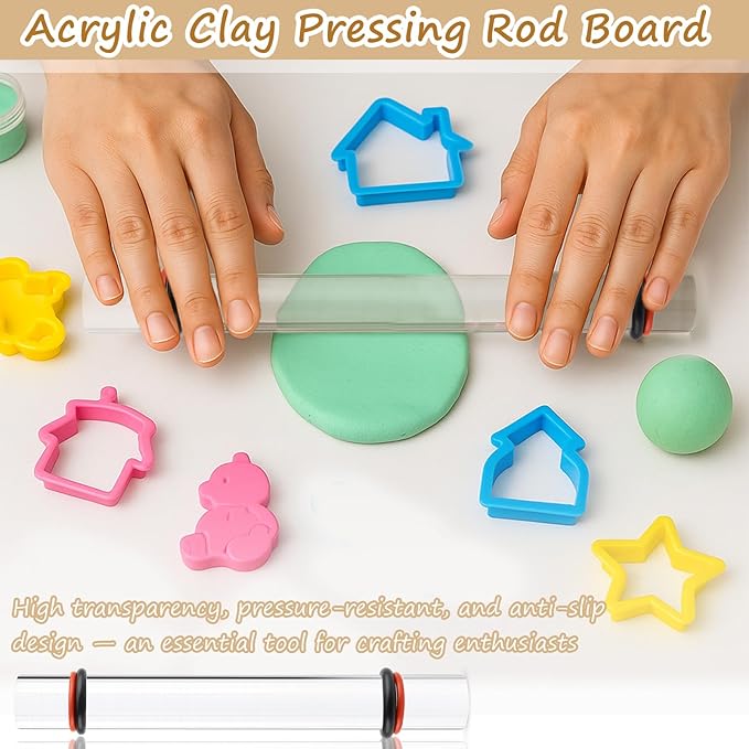 2-Piece Polymer Clay Acrylic Rolling Pin Set – Clear Slab Roller Tools with Thickness Rings for DIY Sculpting & Air-Dry Clay Projects