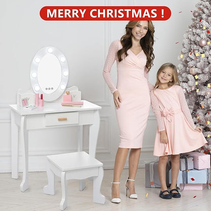 Kids' Vanity Set with Mirror and Light, Makeup Table and Stool for Girls, Vanity Table and Chair Set with Wood Makeup Playset for 4-9 Girls, White （Batteries Not Included）