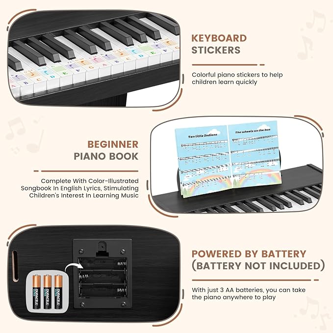 Kids Piano Keyboard, 37 Keys Wood Digital Piano for Kids, Mini Baby Piano Toy, Music Educational Instrument Toy for 2+ Girls and Boys (Black)