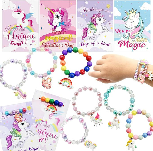 UMEELR Valentines Unicorn Bracelets with Cards ,28 Pack Princess Valentine Beaded Bracelet for Girls Kids Valentines Day Gifts Exchange Classroom Prizes Parties Goodie Bag Gifts