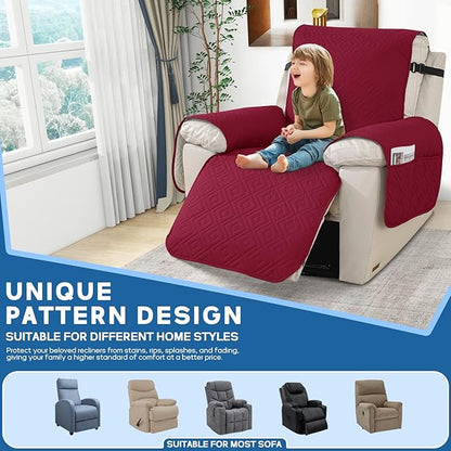 XINEAGE 100% Waterproof Recliner Cover, Non Slip Recliner Chair Cover with Elastic Band, Washable Recliner Slipcover with Storage Pockets for Kids, Pets (Wine Red, 30")