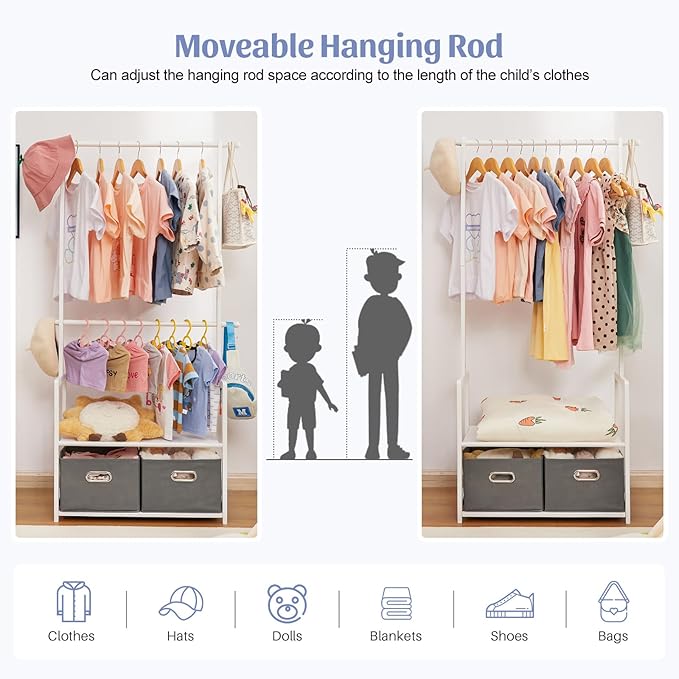 Kids Clothing Rack Bamboo with 2 Storage Baskets and 2 Adjustable Hanging Rods,Child Garment Holder with Shelf, Dress up Stand for Playroom,Toddlers Bedroom (White)