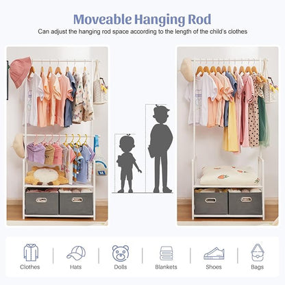 Kids Clothing Rack Bamboo with 2 Storage Baskets and 2 Adjustable Hanging Rods,Child Garment Holder with Shelf, Dress up Stand for Playroom,Toddlers Bedroom (White)
