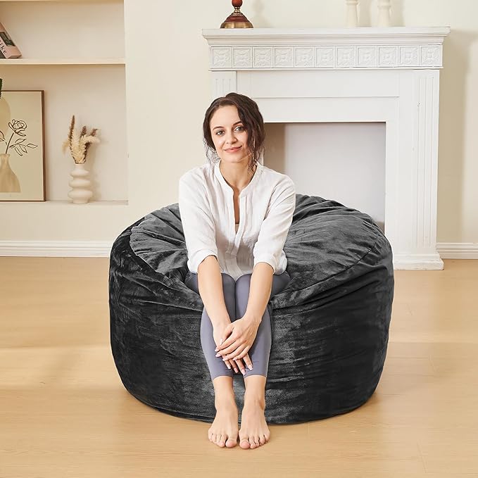 Bean Bag Chairs for Adults - Memory Foam Furniture BeanBag Chair - Kids/Teens Sofa with Soft Micro Fiber Cover - Round Fluffy Couch for Living Room Bedroom College Dorm - 3 ft, Carbon Black