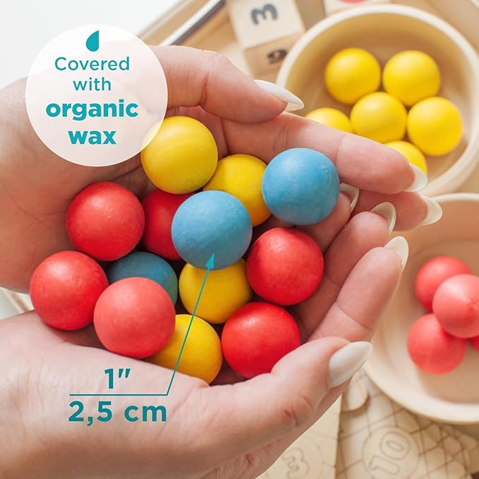 Ulanik Sweet Counting Toddler Montessori Toys for 3 Year Old + Kids Wooden Matching Game for Learning Color Sorting and Counting — 30 Balls, 0.98 in