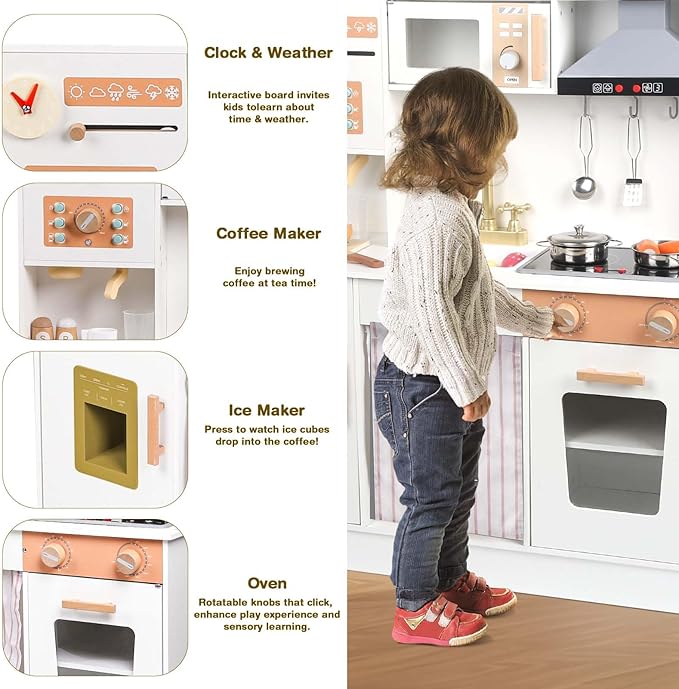 Kids Play Kitchen Set - Toys for 2 3 4 5 Year Old Boy Girl Christmas Birthday Gifts - Wooden Play Kitchen Set with Play Food Toy and Kitchen Accessories, Pretend Play for Kids Toys Age 3+