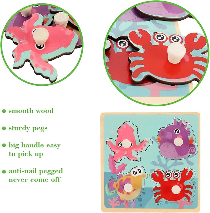 Wooden Peg Puzzles for Toddlers 1-3, Kids' Educational Preschool Peg Puzzle Toy, Set of 4 Toddler Puzzles - Farm, Dinosaur, Fruit and Marine Animals, Ideal Gift for Ages 1 2 3 Boys and Girls