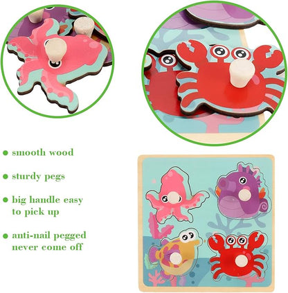 Wooden Peg Puzzles for Toddlers 1-3, Kids' Educational Preschool Peg Puzzle Toy, Set of 4 Toddler Puzzles - Farm, Dinosaur, Fruit and Marine Animals, Ideal Gift for Ages 1 2 3 Boys and Girls