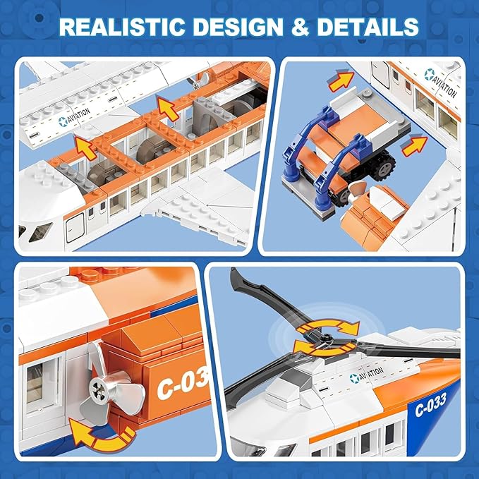 City Passenger Airplane Building Set for Boys, 3 in 1 Plane Helicopter Toy Kit with 3 Airport Staff, Terminal, Baggage Truck, Radar Tower, STEM Toy Gift for Kids Girls 6 7 8 9 10+ Years Old (796 PCS)