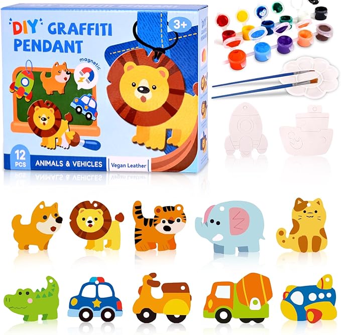 Magnetic Mini Tile Art-DIY Craft Kits for Kids,Fridge magnet painting kit for kids Ages 4-8,Soft Leather Fridge Magnets Craft Paint Set Animals & Vehicles,Party Favors for Kids 8-12