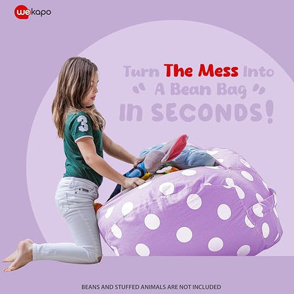 Wekapo Stuffed Animal Storage Bean Bag Chair Cover for Kids | Stuffable Zipper Beanbag for Organizing Children Plush Toys Large Premium Cotton Canvas (Purple Dot, X-Large)