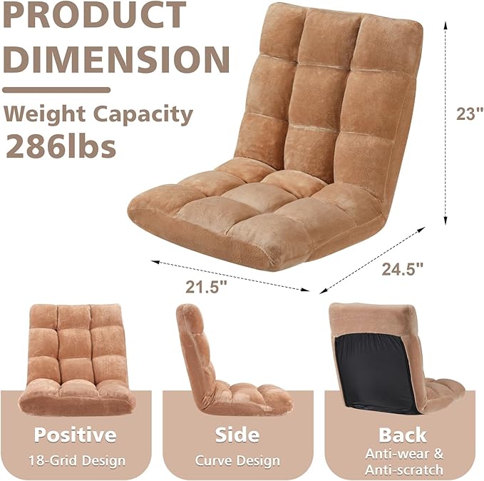Folding Floor Chair 14-Position Cushioned Adjustable Floor Lazy Sofa Chair w/Breathable Cotton & Skin-Friendly Flannel for Adults & Kids Ideal for Reading Meditating, Camel