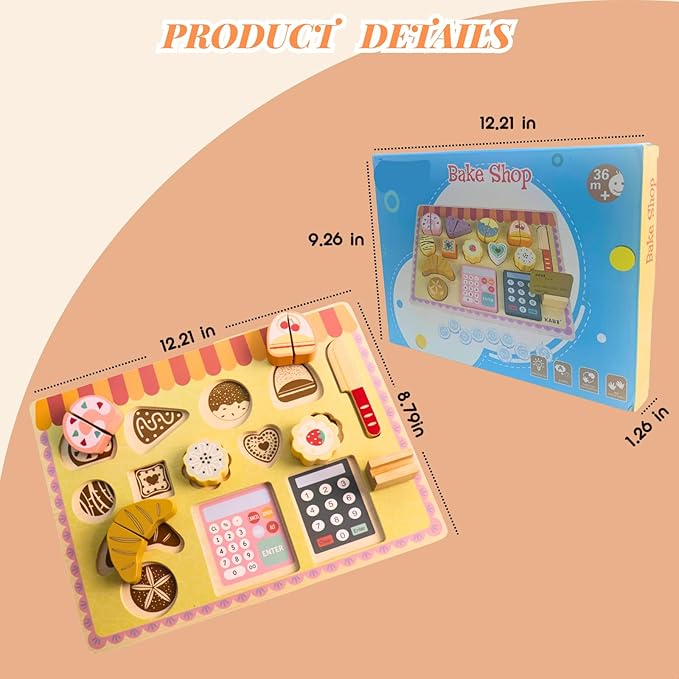 Wooden Play Food Set for Kids Kitchen,Kid Kitchen Accessories, Dessert Shop with Cutting Food Toys, Pretend Play Toy for Toddlers Boys and Girls,Aged 3 4 5 6