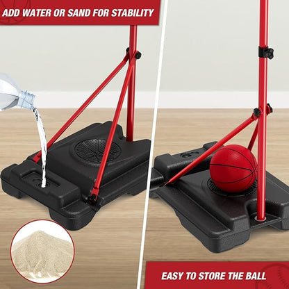 HYES 4 in 1 Kids Basketball Hoop and Tball Set for Toddlers 3-5, Adjustable Hanging Tee Ball Stand with Automatic Baseball Pitching Machine, Indoor Outdoor Sport Toys Birthday for Boys