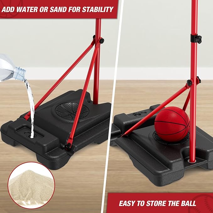 HYES 4 in 1 Kids Basketball Hoop and Tball Set 3-5, Basketball Goal with Scoreboard&LED, Hanging Tee Ball Stand with Baseball Pitching Machine, Indoor Outdoor Sport Toys for Boys 4-8