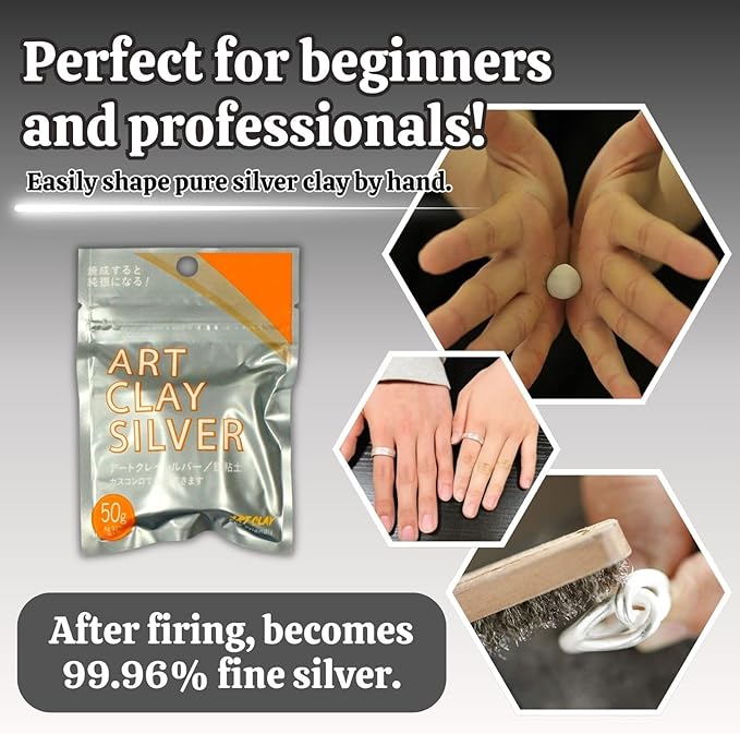 Art Clay Silver 50g, Syringe Type 10g (with 3 Tips) & Set of 3 Polishing Cloths A-0275,A-0281