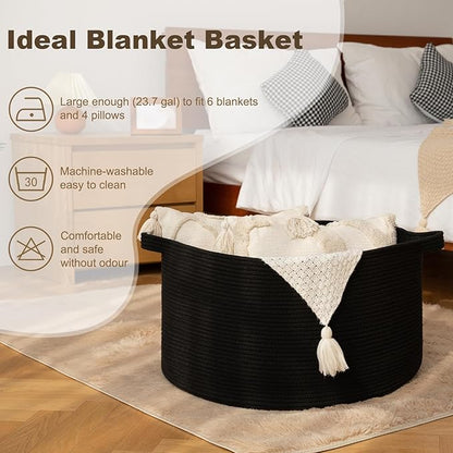 OIAHOMY 90L Blanket Basket for Living Room, Large Basket 23" x 23" x 13" with Handle, Laundry Hamper for Blankets, Pillows, Toy Storage for Kids, Dogs - Black