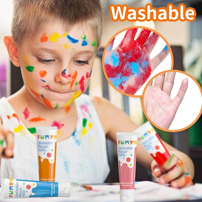 Funto Washable Finger Paint for Kids, Safe & Non-Toxic Finger Painting for Toddlers 1-3, Bath Paint, Toddler Art Painting Supplies, 10 Assorted Colors