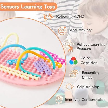 2 Pack Sensory Activity Board with 24 Random-Color Strings Fidget Toys for Kids, Sensory Toys for Kids with Autism, ADHD, Stress, Calming, Double-Sided Silicone Toys, Birthday