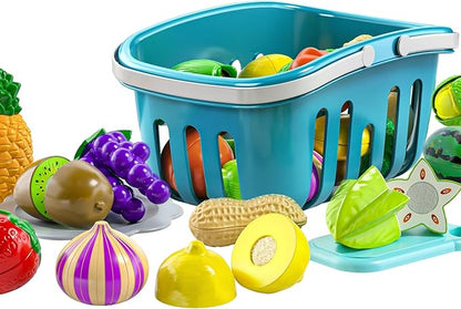 TEMI 70 Pieces Cutting Play Food Toy for Kids Kitchen - Pretend Fruit and Vegetables Accessories Toys for 3 4 5 6 Girls with Storage, Dishes and Knife, Educational Kitchen Toy for Toddlers Age 3-5
