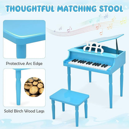 Goplus 30-Key Classical Kids Piano, Mini Grand Piano Wooden Learn-to-Play Musical Instrument Toy with Bench, Piano Lid, Music Rack, Gift for Boys Girls Aged 2+ Baby Toddler (4 Straight Leg-Blue)