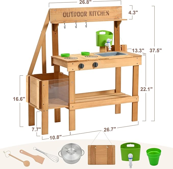 Mud Kitchen for Kids Outdoor, Wood Outdoor Kitchen with Planter Box, Toddler Play Kitchen with Sink, Faucet, Blackboard, Water Cup and Kitchen Accessories for Kids