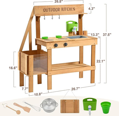 Mud Kitchen for Kids Outdoor, Wood Outdoor Kitchen with Planter Box, Toddler Play Kitchen with Sink, Faucet, Blackboard, Water Cup and Kitchen Accessories for Kids