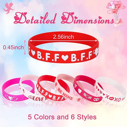 JUNEBRUSHS 42pcs Valentine's Day Party Favors Silicone Bracelets Pink Red Love Heart Rubber Wristbands Accessories for Adults Valentine's Day Party Decorations Gift (6 Designs)