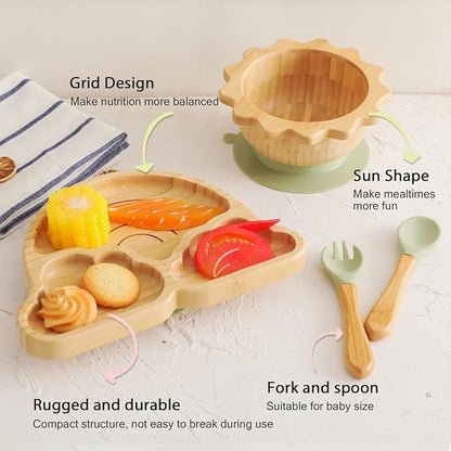 Bamboo Suction Plates Bowls Set for Baby Toddler Divided Platter Food bowl with Silicone Fork & Spoon All-Natural Baby Feeding Set for Baby-Led Weaning, Non-Slip Design