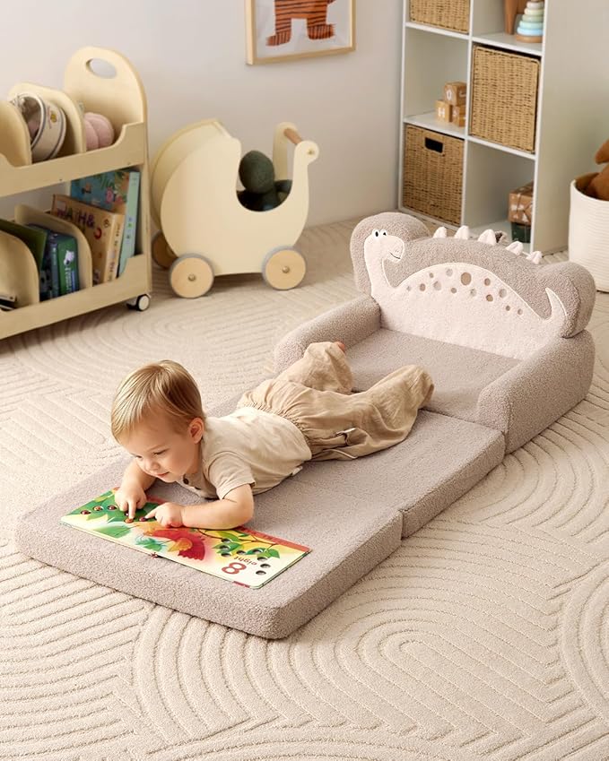 Blissful Diary Kids Couch, 2-in-1 Soft Toddler Couch Fold Out, Toddler Chair Comfy, Convertible Sofa to Lounger with Cute Dinosaur Designs, Pale Khaki