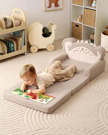 Blissful Diary Kids Couch, 2-in-1 Soft Toddler Couch Fold Out, Toddler Chair Comfy, Convertible Sofa to Lounger with Cute Dinosaur Designs, Pale Khaki