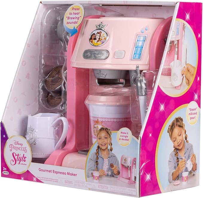 Disney Princess Style Collection Toy Espresso Machine for Kids, Coffee Maker Play Kitchen Accessories Gift for Girls & Kids