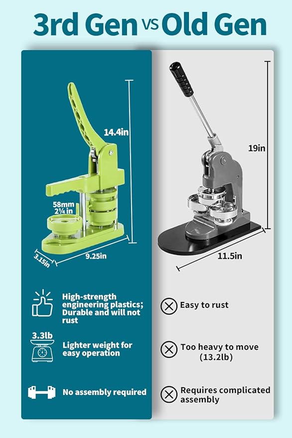 Button Maker Machine 58mm - (3rd Gen) Installation-Free 58mm(2.25in) DIY Pin Badge Button Maker Press Machine Badge Punch Press with Free 100pcs Button Parts&Pictures&Circle Cutter&Magic Book