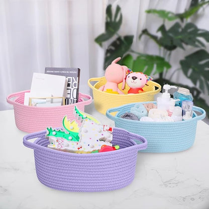 ABenkle Small Basket, 12"x 8" x 5" Cute Small Woven Basket, Rope Room Shelf Storage Basket, Cat Dog Toys Basket Chest Box, Decorative Empty Gift Basket with Handles - All PInk