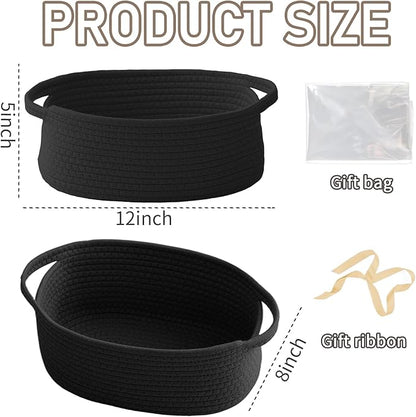 JMvicyroam Woven Basket,Small Rope Storage Bin with Handles & Ribbon Bag, Organizer for Shelves Closets,Gift Basket Empty for Birthday,Books,Dog Toys, Black