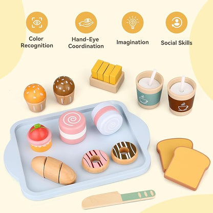 Play Food Sets for Kids Kitchen Wooden Bakery Play Food for Toddlers Pretend Play Toys for Toddlers 3-5 Play Kitchen Accessories for Toddlers Kids Kitchen Playset
