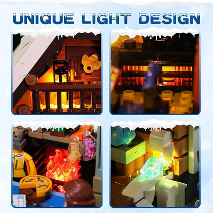 FUNWHOLE Christmas Ski-Cabin Lighting Building-Bricks-Set - Retro Christmas Winter Snow House Collection LED Light Building Construction Holiday Model Set 2187 Pcs for Adults and Teen