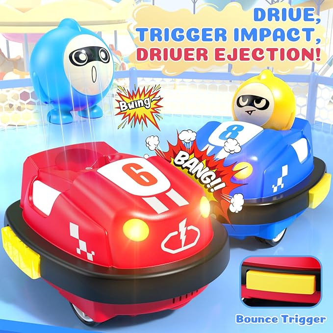 NQD Remote Control Car for Toddler, 2 Pack RC Ejecting Bumper Cars for Kids, RC Cars Toy with Led Lights & Sound, Rechargeable Cartoon Battle Car Toys for 1-3 2-4 3-5 Year Old Kids Birthday Xmas Gift