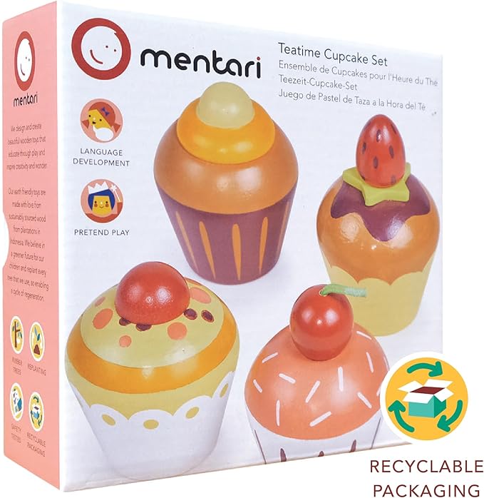 Mentari Toys - Teatime Cupcake Set - 4pc Wooden Cupcake Play Food Set - Pretend Play Kitchen and Market Food Accessories - Encourages Role Play and Develops Social Skills - Gift for Toddlers - Age 3+