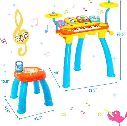 Costzon 24-Key Kids Piano Keyboard Toy, Toddler Electronic Musical Instrument Educational Toy w/Microphone, Multiple Sounds, Record Playback, Lights & Stool, Birthday Gift for Girls Boys Age 3+, Blue