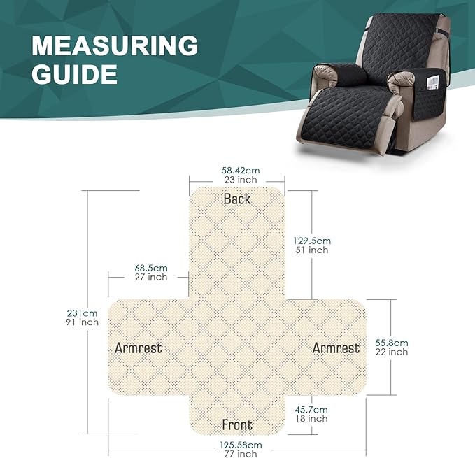 Ruaozz 100% Waterproof Recliner Chair Cover Non-Slip Reclining Cover for Recliner Chair Washable Chair Seat Cover with Elastic Straps for Kids, Dogs, Pets (Black, 23'')