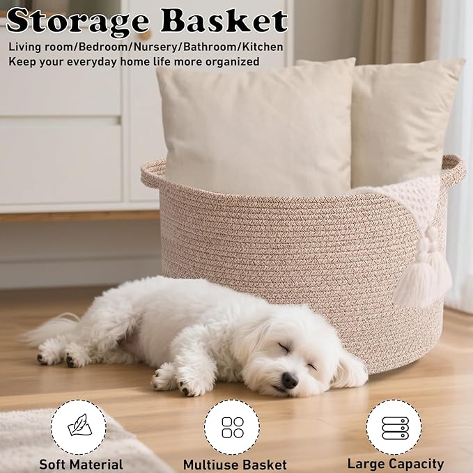 65L Extra Large Woven Cotton Rope Blanket Basket with Handles, Laundry Hamper Storage Bin for Pillows, Comforters,Clothes, Toys, Nursery, Bedroom and Living Room Organization,Brown