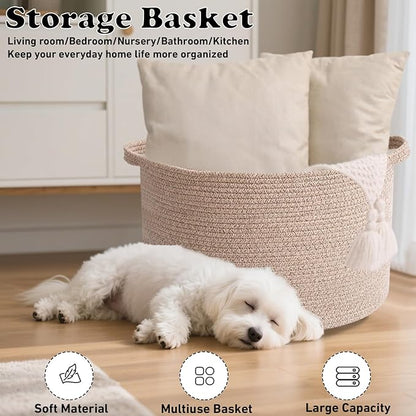 65L Extra Large Woven Cotton Rope Blanket Basket with Handles, Laundry Hamper Storage Bin for Pillows, Comforters,Clothes, Toys, Nursery, Bedroom and Living Room Organization,Brown