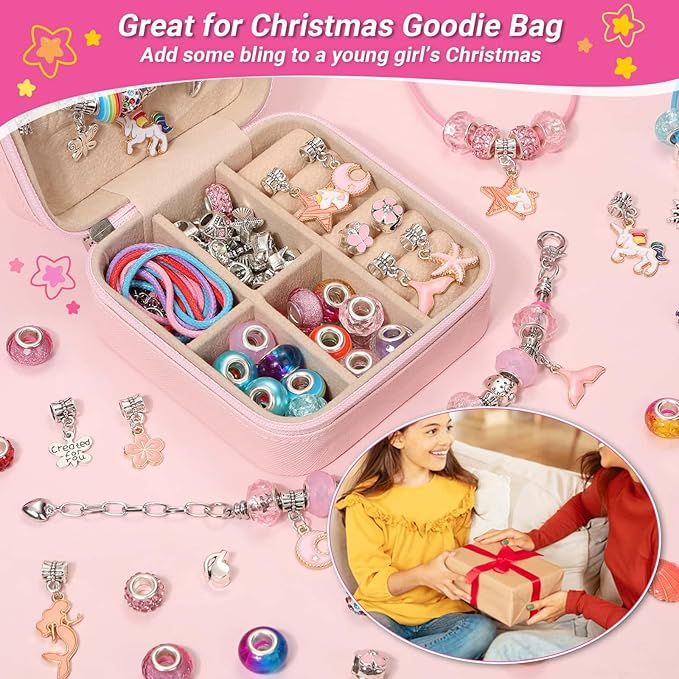 LifeisLuck Charm Bracelet Making Kit - 110 Pcs Girls Beads Jewelry Making Kit, Unicorn & Mermaid Crafts Toys Kids Birthday Gifts for Little Girls Ages 8-12, with H Initial Personalized Bracelet Case