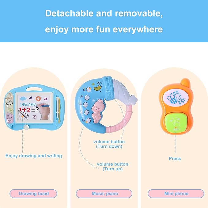Cuterabit 2 in 1 Sit to Stand Baby Walker with Music and Light, 12PCS Baby Rattles Toys Set with Storage Case, Teething Toys for Newborns