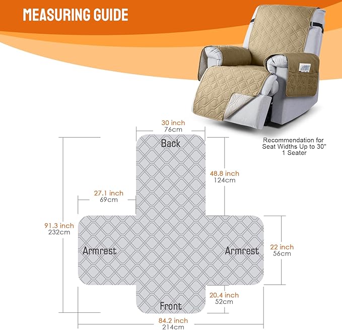 VANSOFY 100% Waterproof Recliner Chair Covers, Recliner Cover Non-Slip Dog Chair Cover Furniture Protector Washable Slipcover with Pocket, Elastic Straps for Pets, Dogs(Sand, 30")