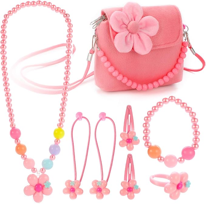 Kids Jewelry Little Girls Plush Handbag Necklace Bracelet Ring Hair Clips Set, Jewelry Party Favors Gift for Dress up Pretend Play